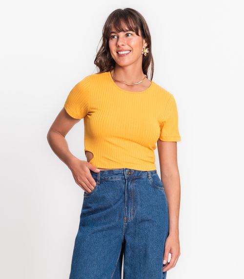 Blusa Decote Redondo Em Ribana Canelada Rovitex Amarelo