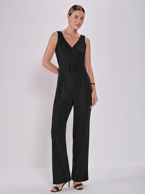 Macacão Pantalona Preto com Decote Transpassado Pérola