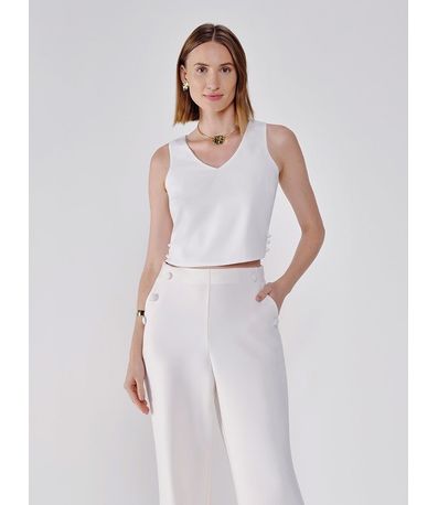 Blusa Cropped de Alfaiataria Off White com Abertura Lateral Rosangela