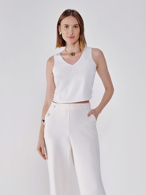 Blusa Cropped de Alfaiataria Off White com Abertura Lateral Rosangela