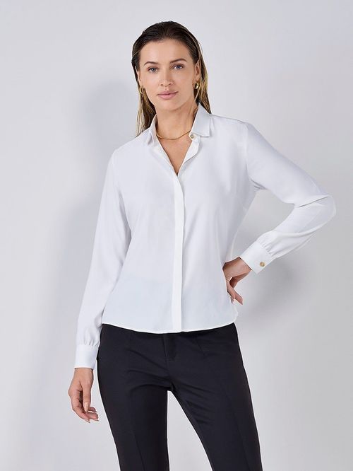 Camisa Social Feminina Off White Botão Dourado Helena