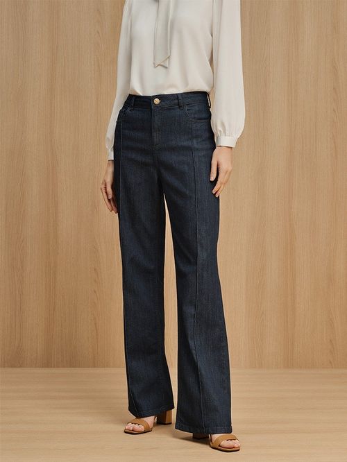 Calça Wide Leg Jeans com Nervura Damaris