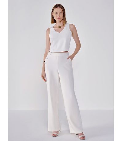 Calça Pantalona Off White de Alfaiataria com Botões Forrados Regiane