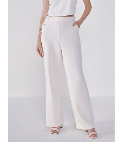 Calça Pantalona Off White de Alfaiataria com Botões Forrados Regiane