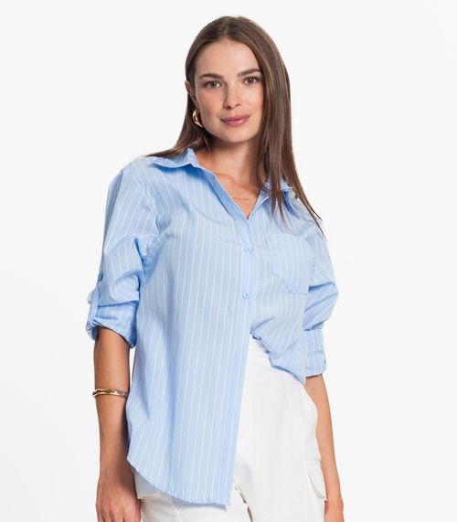 Camisa Feminina Risca Giz Com Bolso Loverly Azul