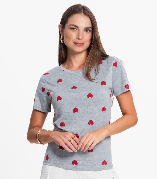T-Shirt Feminina Estampada De Corações Loverly Cinza