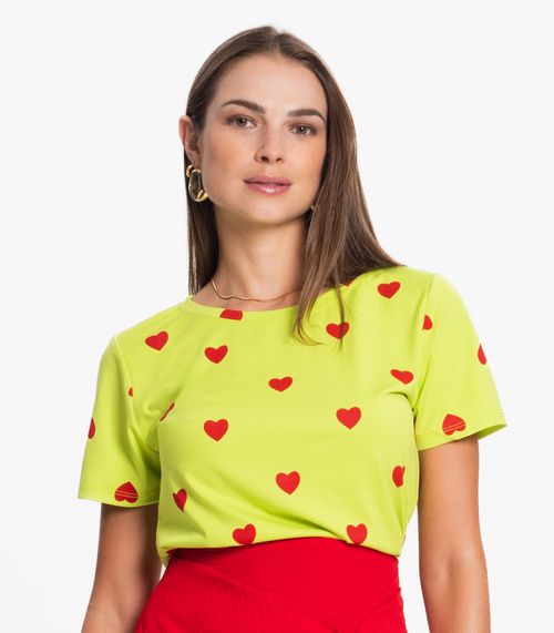 T-Shirt Feminina Estampada De Corações Loverly Verde