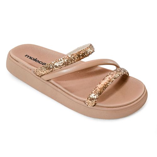 Tamanco Flatform Moleca Tiras Nude e Dourado Feminino