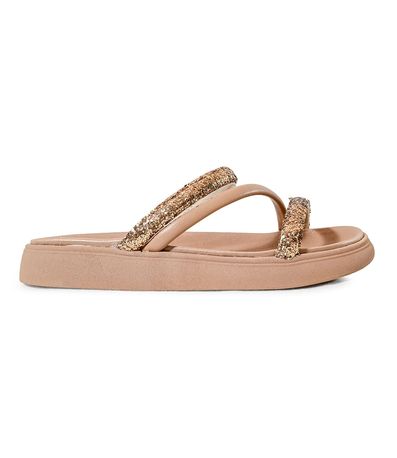 Tamanco Flatform Moleca Tiras Nude e Dourado Feminino