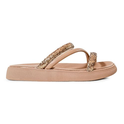 Tamanco Flatform Moleca Tiras Nude e Dourado Feminino