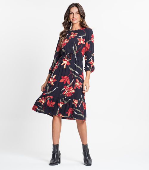 Vestido Feminino Manga Longa Floral Rovitex Preto