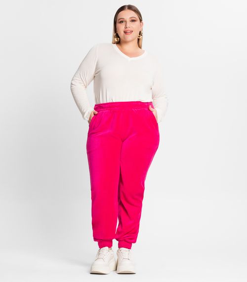 Calça Feminina Plus Size Em Plush Secret Glam Rosa