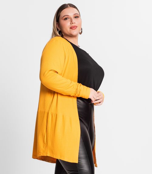 Cardigan Plus Size Em Ribana Canelada Secret Glam Amarelo