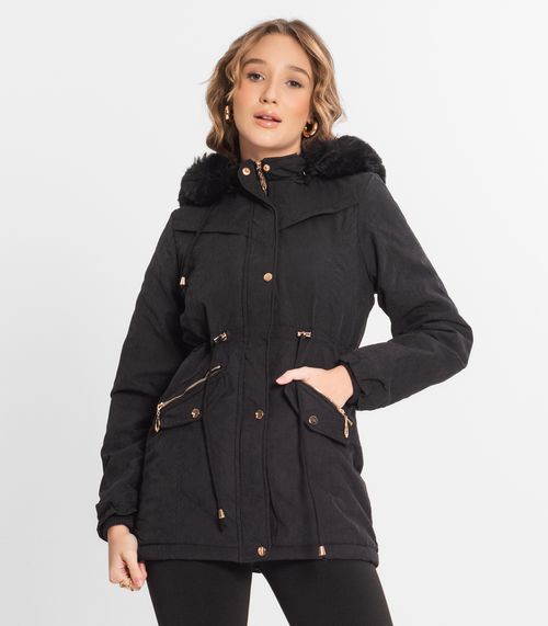 Parka Feminina Peluciada Com Capuz Sea Surf Preto