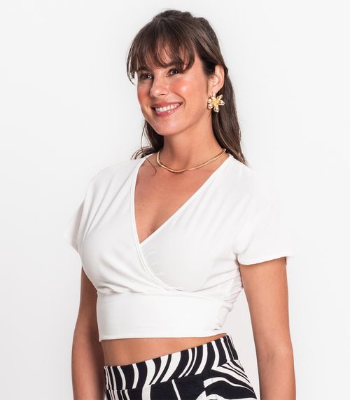 Blusa Cropped Com Decote V Malha Delicate Rovitex Branco