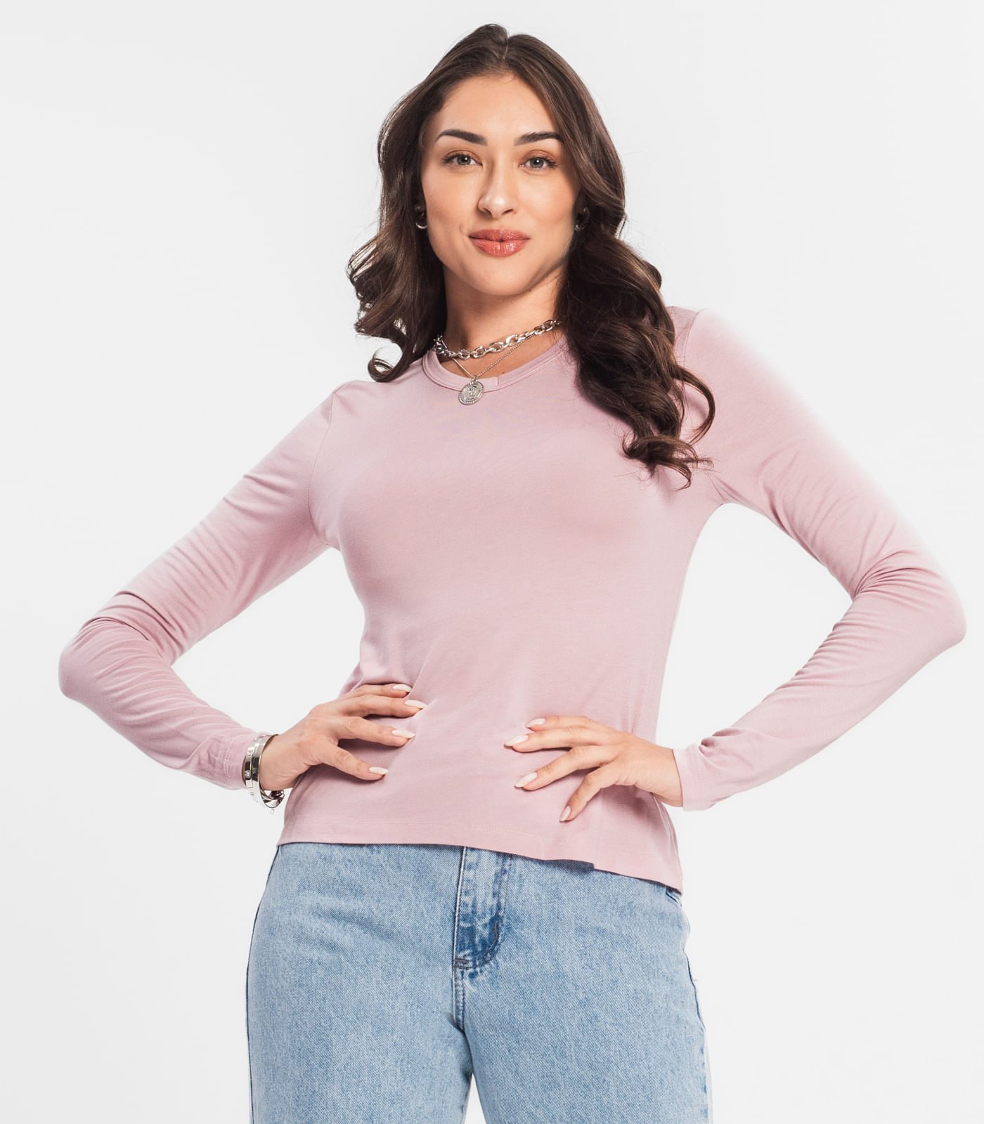 Blusa Manga Longa Decote V Básica Select Rosa - Moda Feminina E ...