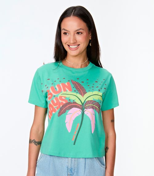 Blusa Cropped Feminina Meia Malha Estampada MMT Verde