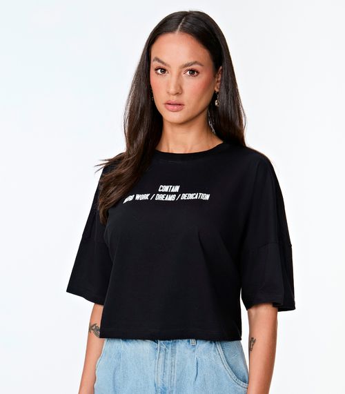 Blusa Cropped Feminina Oversized Meia Malha MMT Preto