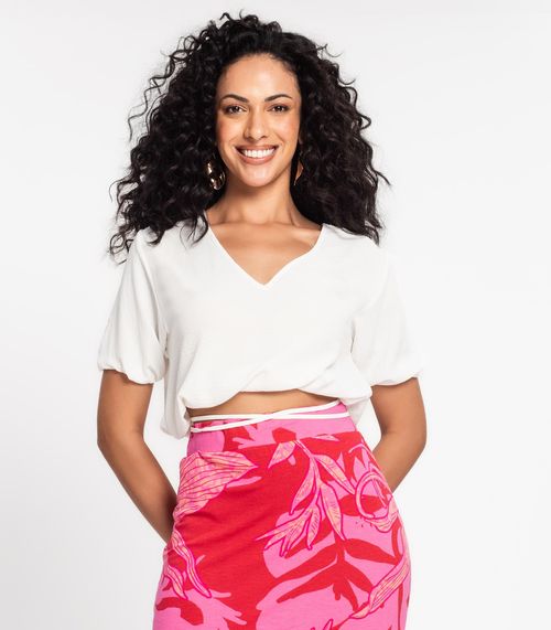 Blusa Cropped Feminina Decote V Rovitex Bege
