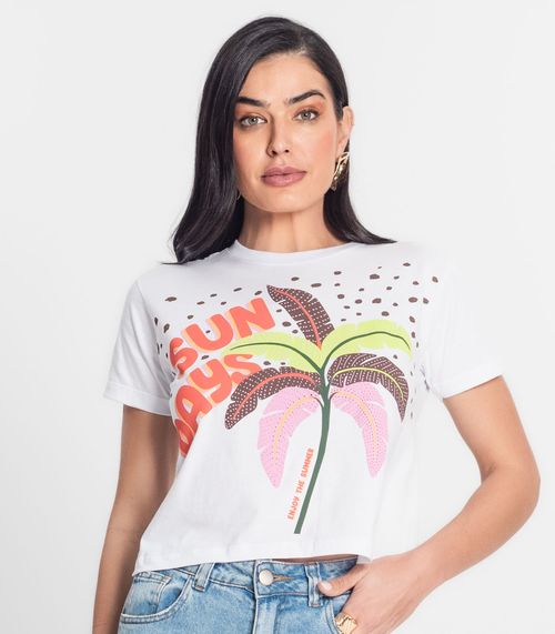 Blusa Cropped Feminina Meia Malha Estampada MMT Branco