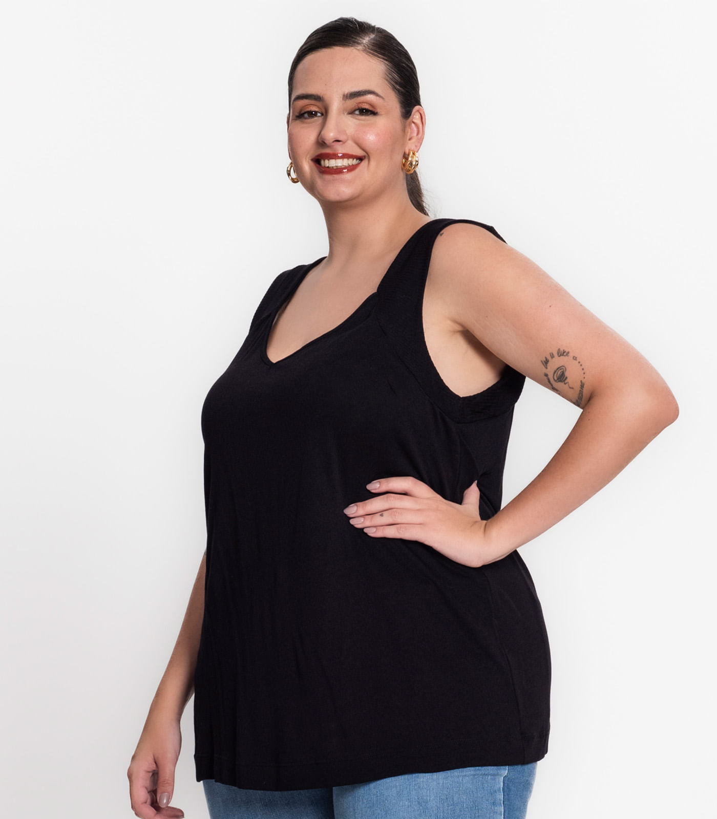 Regata Feminina Plus Size Visco Tricot Secret Glam Preto Moda