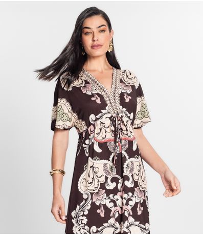 Vestido Feminino Longo Estampado Manga Ampla Donna Preto