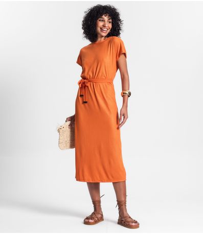Vestido Midi Em Ribana Canelada Lurex Rovitex Laranja