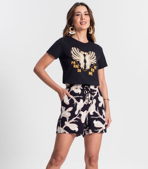 Shorts Feminino Estampa De Pássaros Rovitex Preto