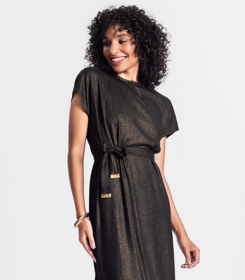 Vestido Midi Em Ribana Canelada Lurex Rovitex Preto