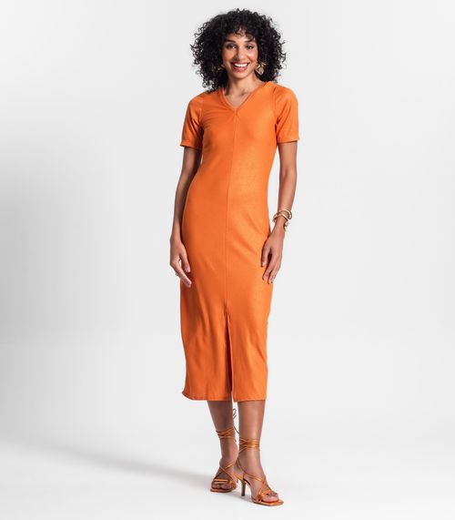 Vestido Midi Ribana Canelada Lurex Rovitex Laranja