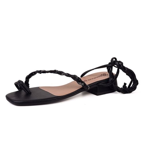 Sandália de Amarração Com Trançado e Strass Select Preto
