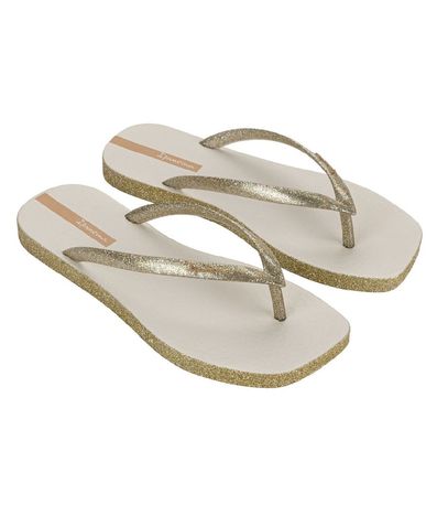 Chinelo Dedo Ipanema Branco e Glitter Ouro Feminino