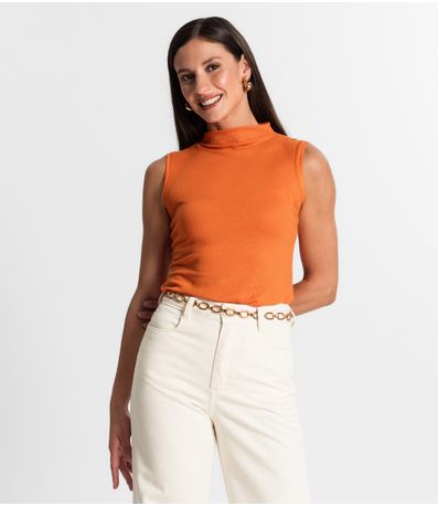 Regata Feminina Em Ribana Canelada Lurex Rovitex Laranja
