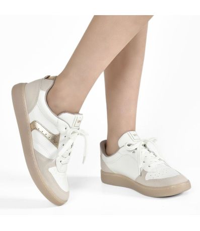 Tênis Feminino Casual Faixa Via Marte Banco Off Dourado