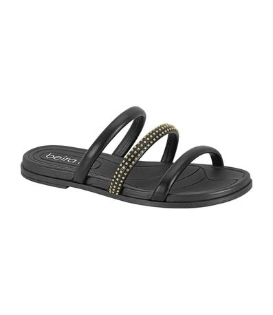Tamanco Rasteira Beira Rio Preto e Ouro Light Feminino