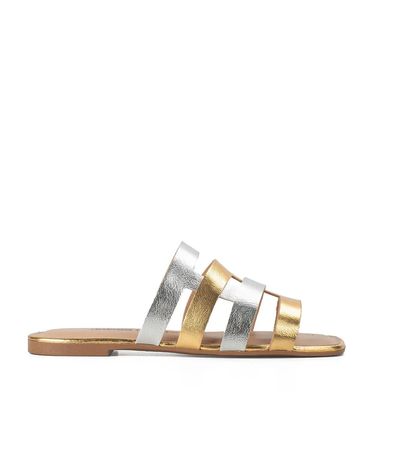 Tamanco Rasteira Dakota Ouro e Prata Feminino