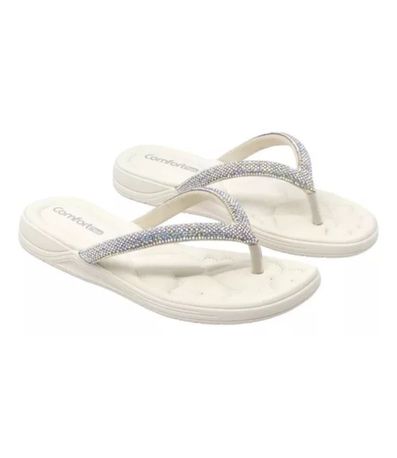 Chinelo Feminino Confort Tiras Brilho Comfortflex Branco Off