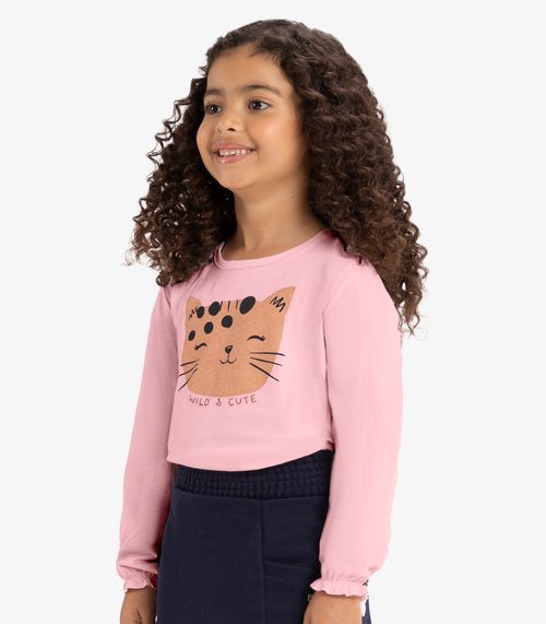 Blusa Infantinho Gatinho Manga Longa Rovi Kids Rosa