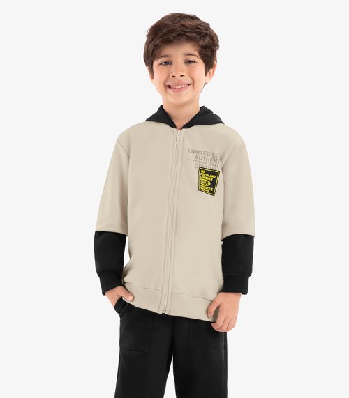 Jaqueta Infantil Com Capuz Em Moletom Rovi Kids Bege