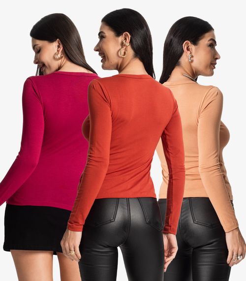Kit 3 Blusas Manga Longa Decote V Básica Select Sortido