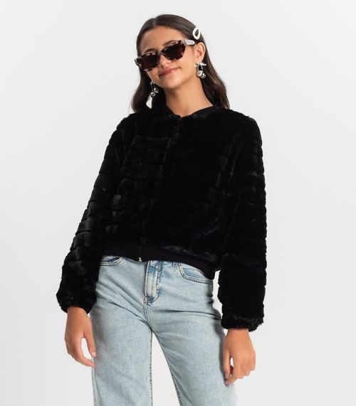 Jaqueta Juvenil Feminina Com Pelo Minty Preto