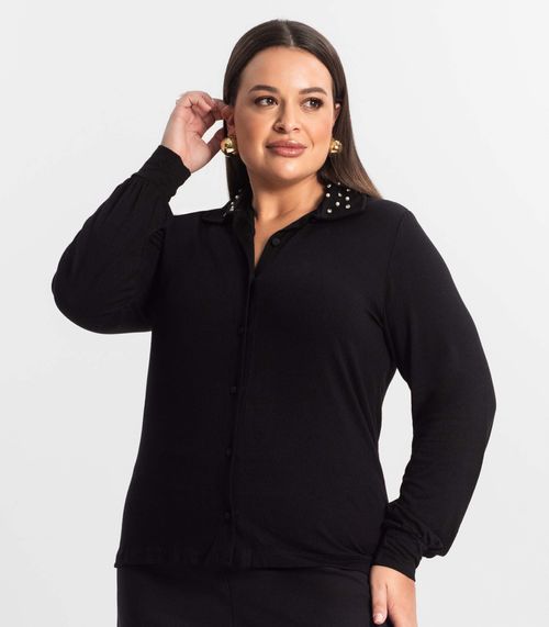 Camisa Plus Size Manga Longa Feminina Secret Glam Preto