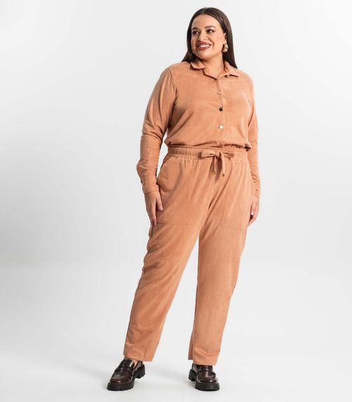 Calça Reta Plus Size Feminina Em Suede Secret Glam Marrom