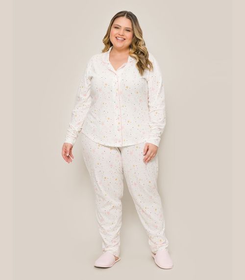 Pijama Plus Americano Manga Longa Evanilda Branco