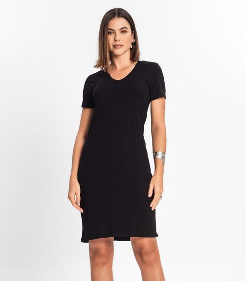 Vestido Feminino Em Ribana Canelada Rovitex Preto