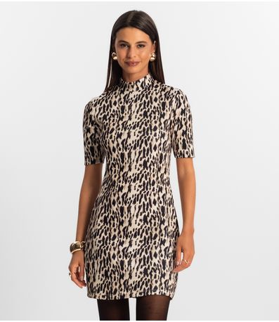 Vestido Feminino Curto Animal Print Rovitex Bege