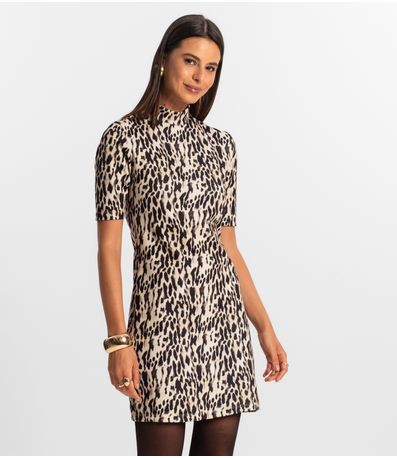 Vestido Feminino Curto Animal Print Rovitex Bege