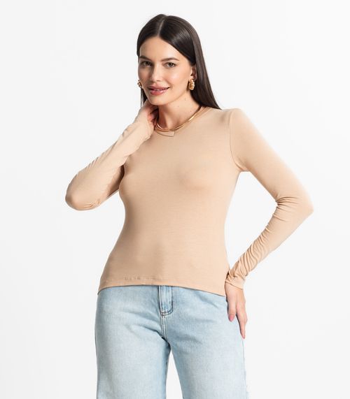Blusa Manga Longa Decote V Básica Select Bege