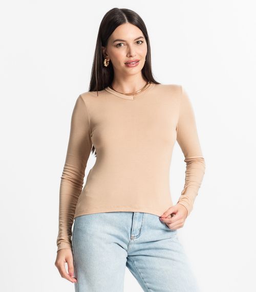 Blusa Manga Longa Decote V Básica Select Bege