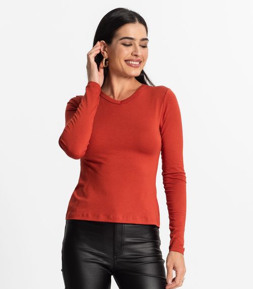 Blusa Manga Longa Decote V Básica Select Laranja